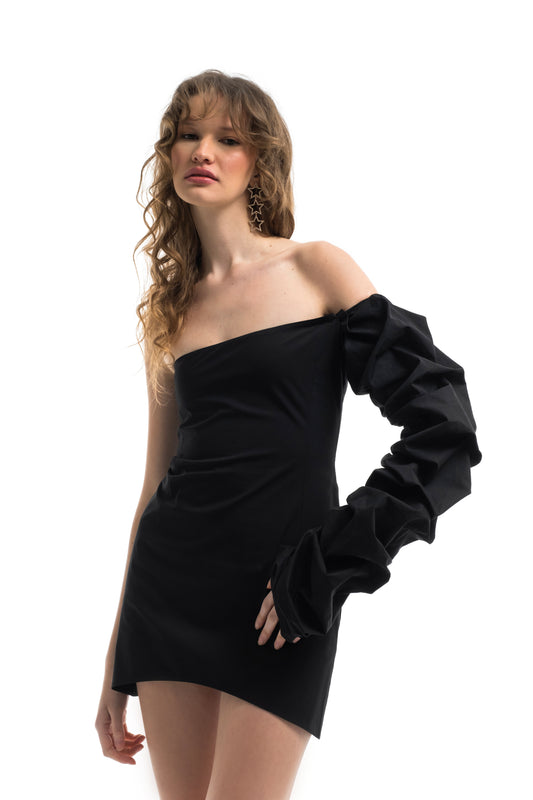 Asymmetric Dress with a Draped Long Sleeve