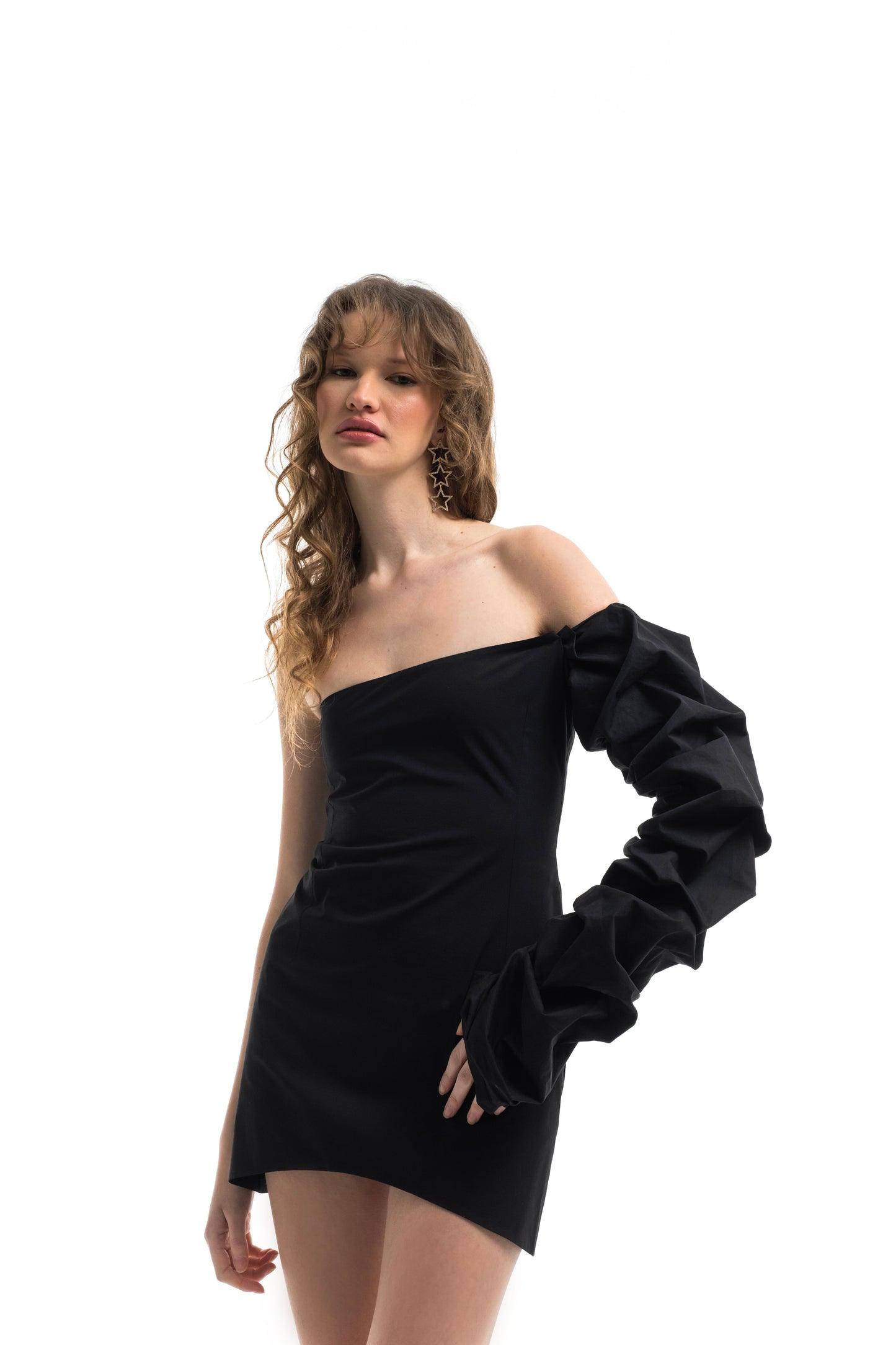 Asymmetric Dress with a Draped Long Sleeve