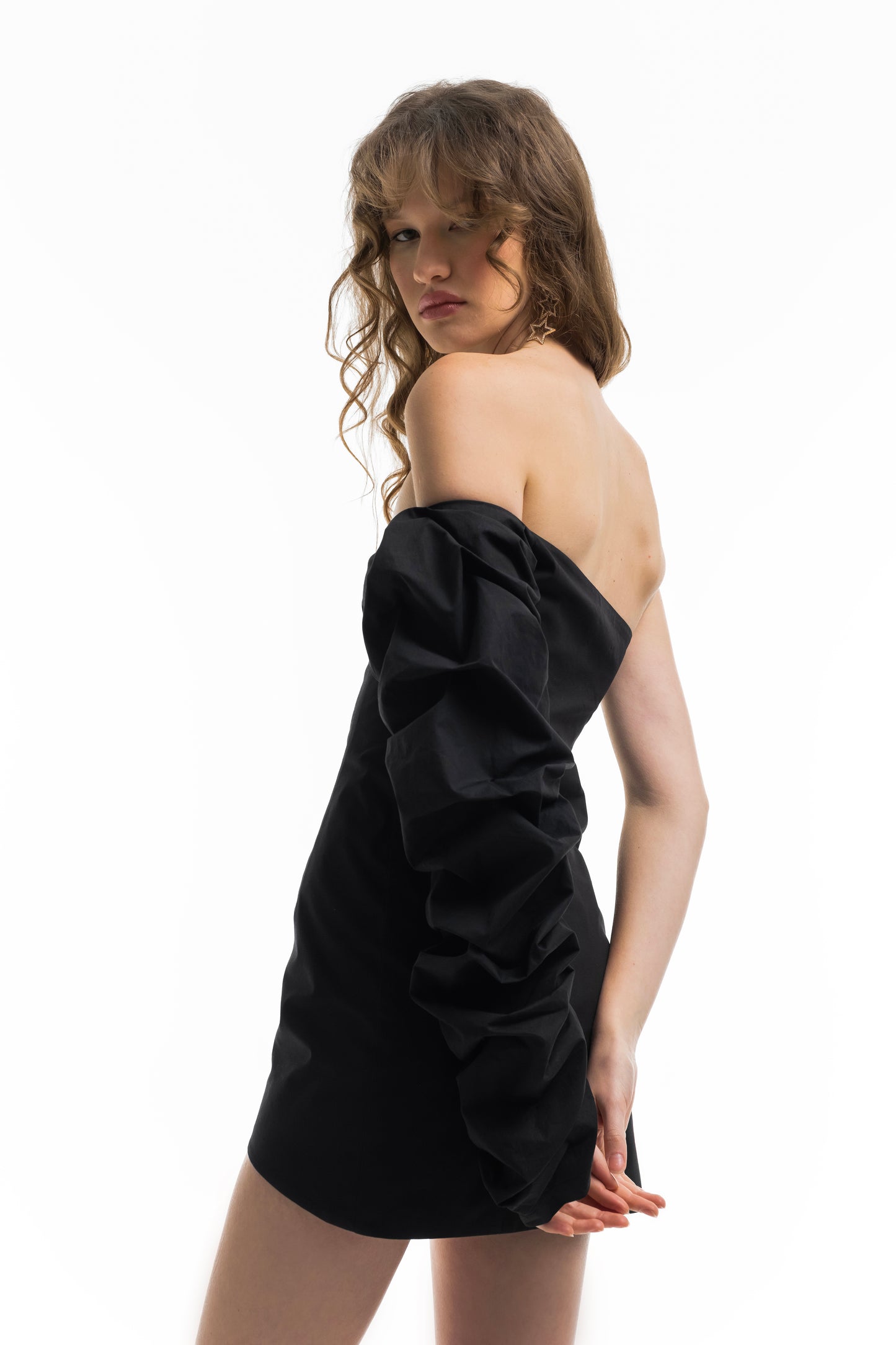 Asymmetric Dress with a Draped Long Sleeve