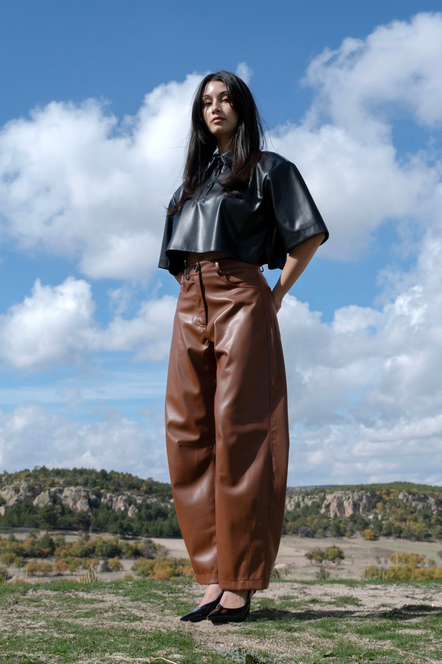 Faux Leather Balloon-Fit Trousers – Chestnut