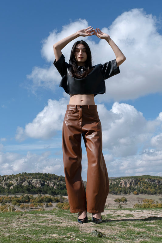 Faux Leather Balloon-Fit Trousers – Chestnut